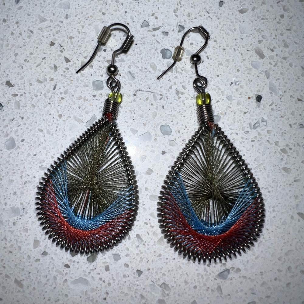 Artisan Teardrop Wire Earrings in Red, Blue, and Green